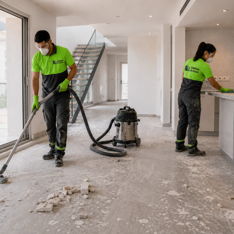 Equipo de Limpiezasdeobra.es aspirando polvo y restos de obra en una vivienda reformada
