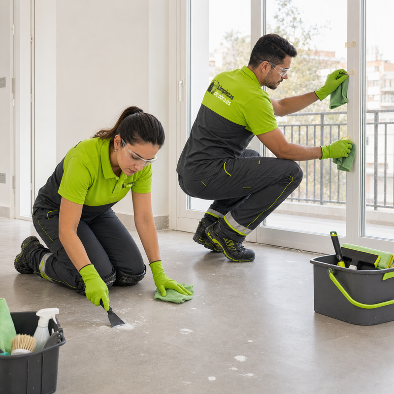 Equipo de Limpiezasdeobra.es limpiando suelo y cristales después de pintar una vivienda