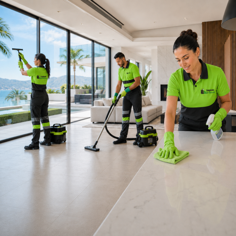 Equipo de Limpiezasdeobra.es realizando una limpieza final integral en una vivienda premium tras obra