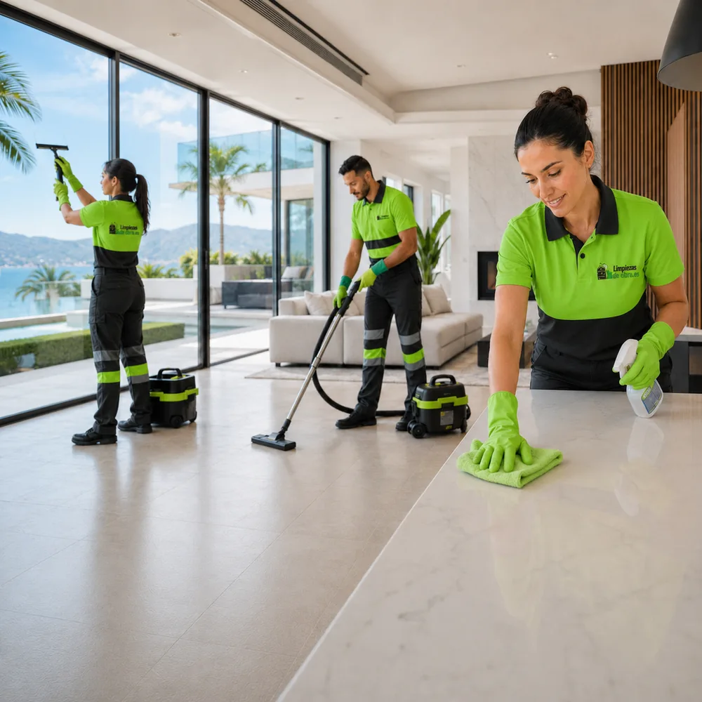 Equipo de Limpiezasdeobra.es realizando una limpieza final integral en una vivienda premium tras obra